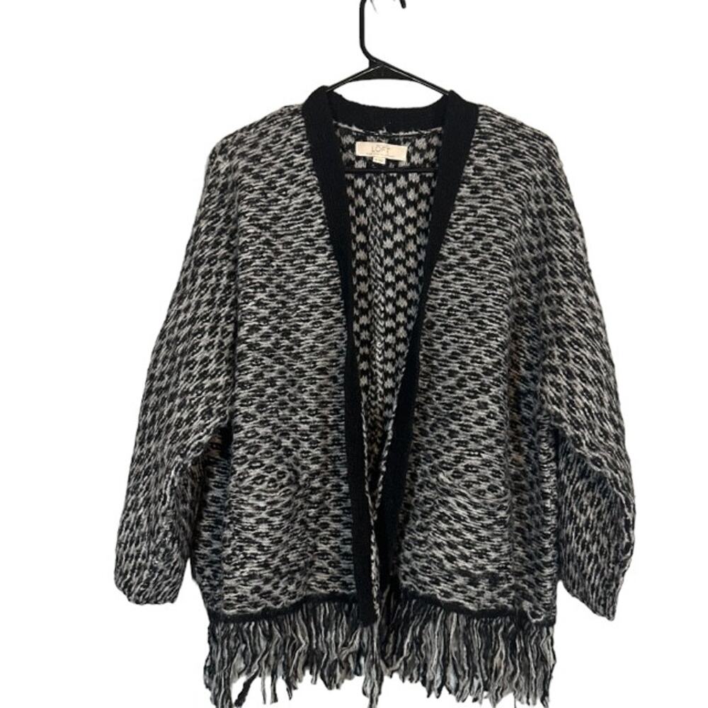 Ann Taylor Women’s Black & White Wool Blend Fringe Open-Front Knit Sweater Sz XL